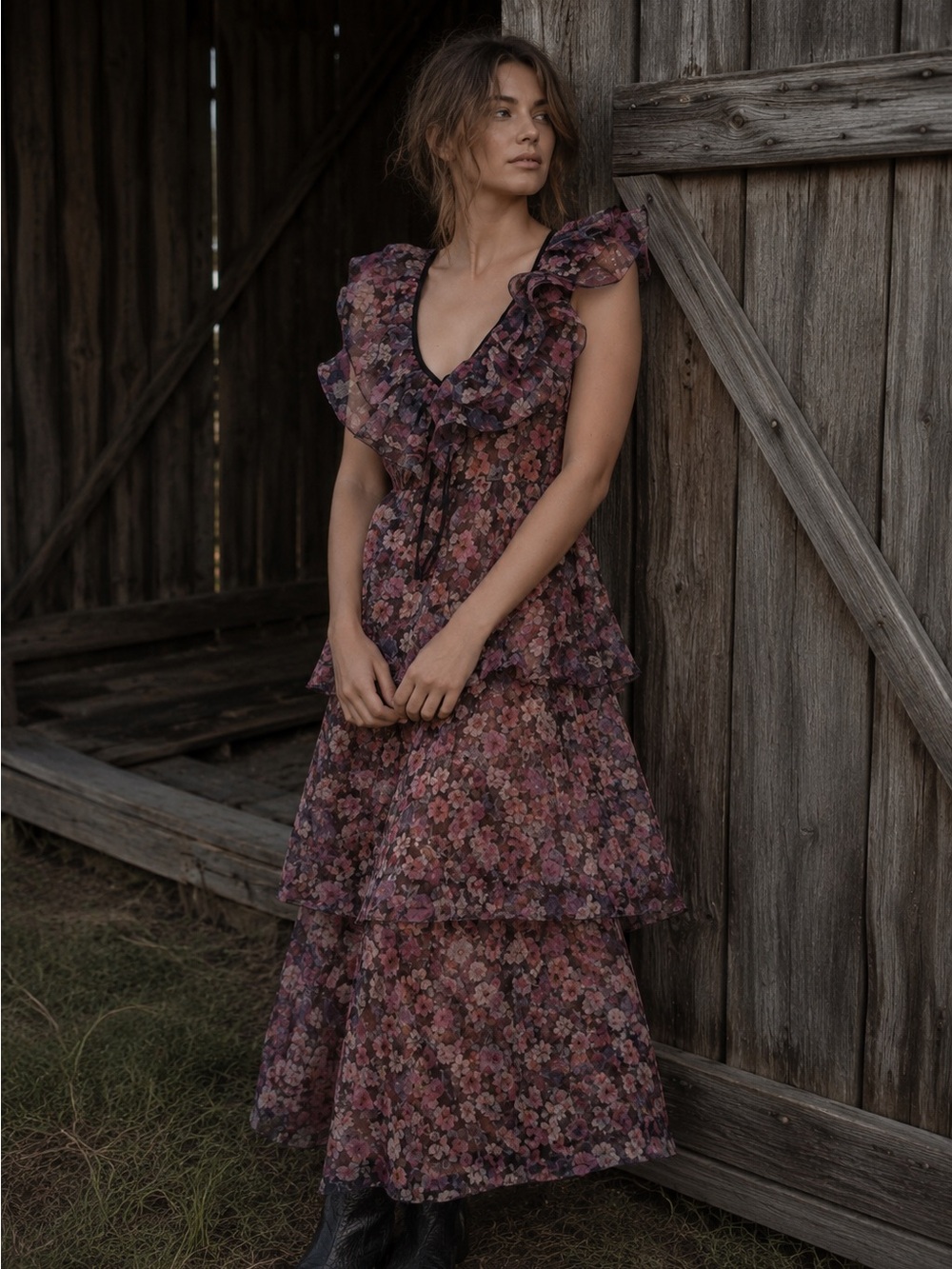 NWT Lost + Wander Floral Botanique Dark Floral Ruffle Tiered Dress Size Medium